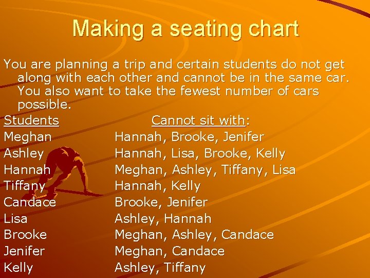 Making a seating chart You are planning a trip and certain students do not