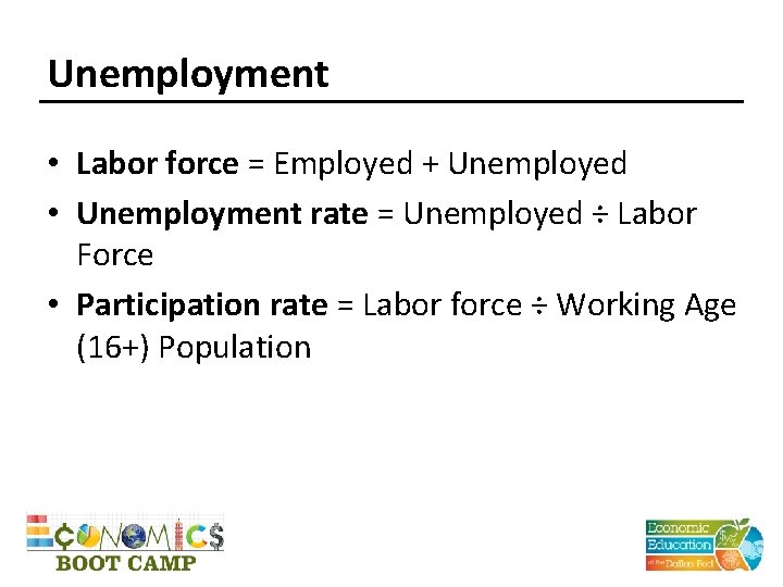Unemployment • Labor force = Employed + Unemployed • Unemployment rate = Unemployed ÷