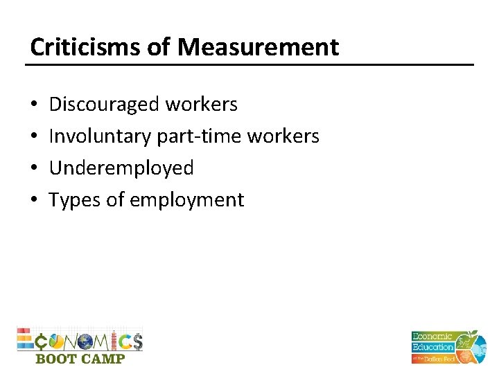 Criticisms of Measurement • • Discouraged workers Involuntary part-time workers Underemployed Types of employment