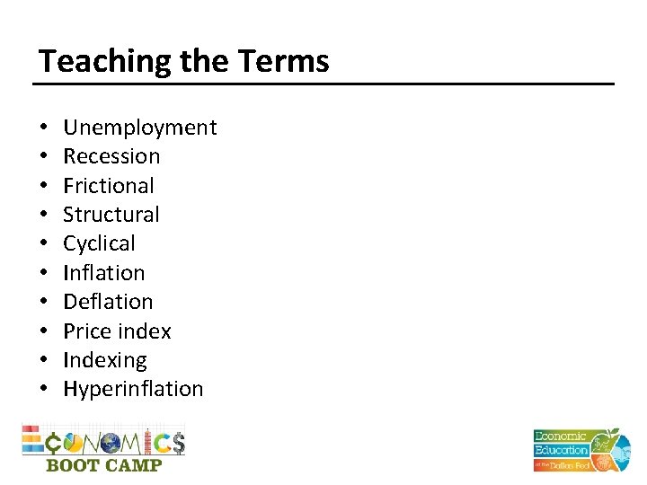 Teaching the Terms • • • Unemployment Recession Frictional Structural Cyclical Inflation Deflation Price