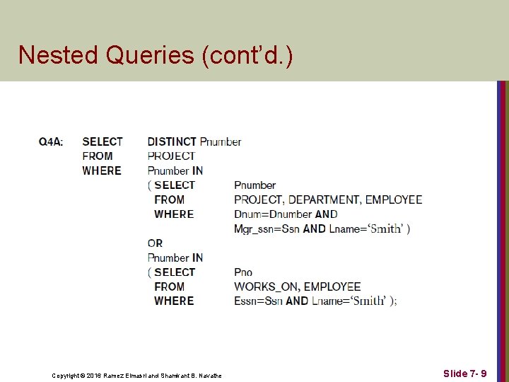 Nested Queries (cont’d. ) Copyright © 2016 Ramez Elmasri and Shamkant B. Navathe Slide