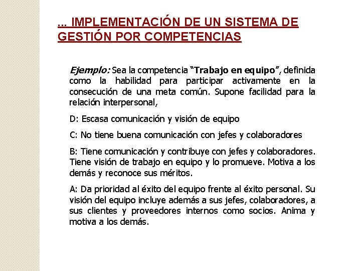 . . . IMPLEMENTACIÓN DE UN SISTEMA DE GESTIÓN POR COMPETENCIAS Ejemplo: Sea la