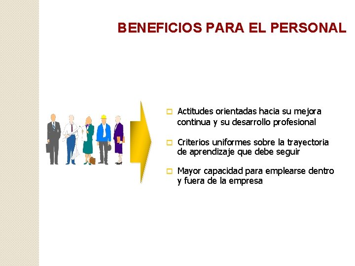 BENEFICIOS PARA EL PERSONAL o Actitudes orientadas hacia su mejora continua y su desarrollo