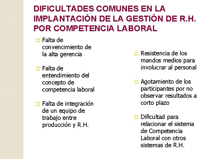 DIFICULTADES COMUNES EN LA IMPLANTACIÓN DE LA GESTIÓN DE R. H. POR COMPETENCIA LABORAL