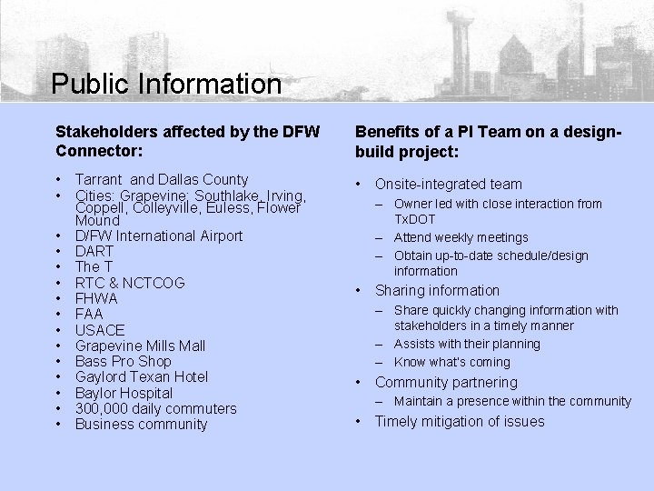 Public Information Stakeholders affected by the DFW Connector: Benefits of a PI Team on