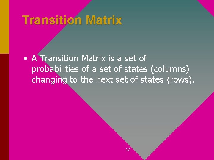 Transition Matrix • A Transition Matrix is a set of probabilities of a set
