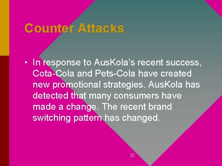 Counter Attacks • In response to Aus. Kola’s recent success, Cota-Cola and Pets-Cola have