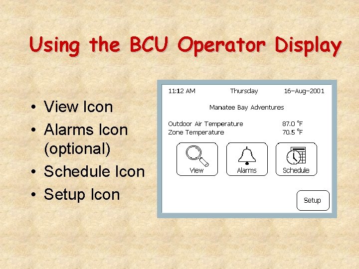 Using the BCU Operator Display • View Icon • Alarms Icon (optional) • Schedule
