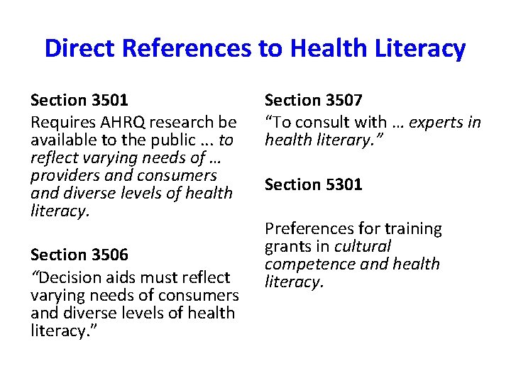 Direct References to Health Literacy Section 3501 Requires AHRQ research be available to the