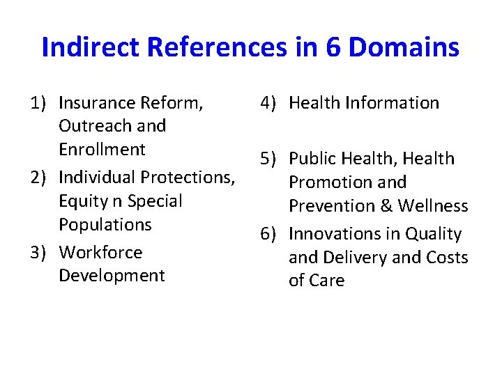 Indirect References in 6 Domains 1) Insurance Reform, Outreach and Enrollment 2) Individual Protections,