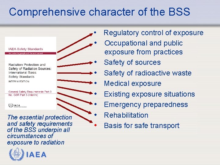 Comprehensive character of the BSS • Regulatory control of exposure • Occupational and public