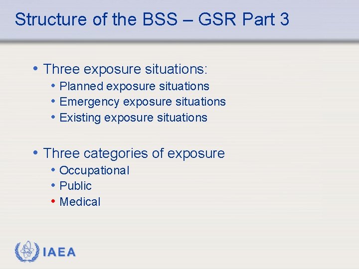 Structure of the BSS – GSR Part 3 • Three exposure situations: • Planned