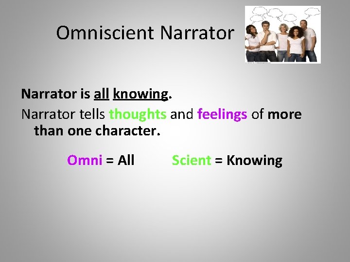 Omniscient Narrator is all knowing. Narrator tells thoughts and feelings of more than one