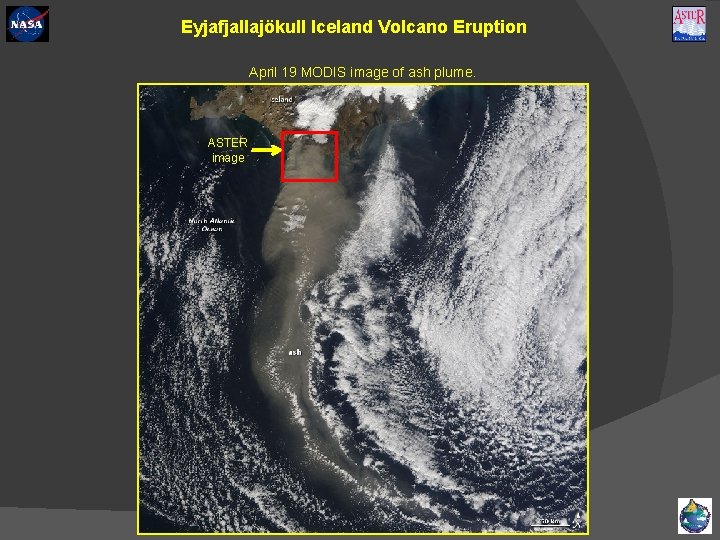 Eyjafjallajökull Iceland Volcano Eruption April 19 MODIS image of ash plume. ASTER image 