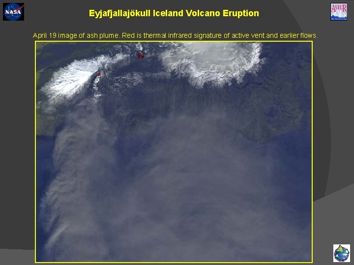Eyjafjallajökull Iceland Volcano Eruption April 19 image of ash plume. Red is thermal infrared