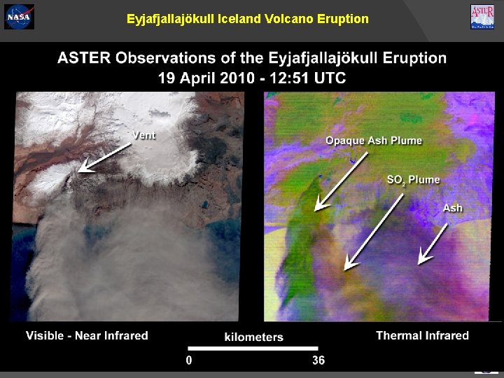 Eyjafjallajökull Iceland Volcano Eruption April 19 image of ash plume. Thermal infrared channels highlight