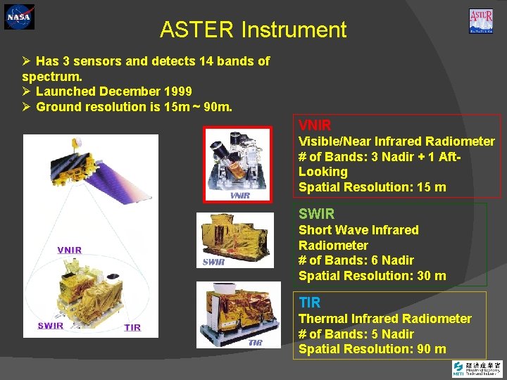 ASTER Instrument Ø Has 3 sensors and detects 14 bands of spectrum. Ø Launched