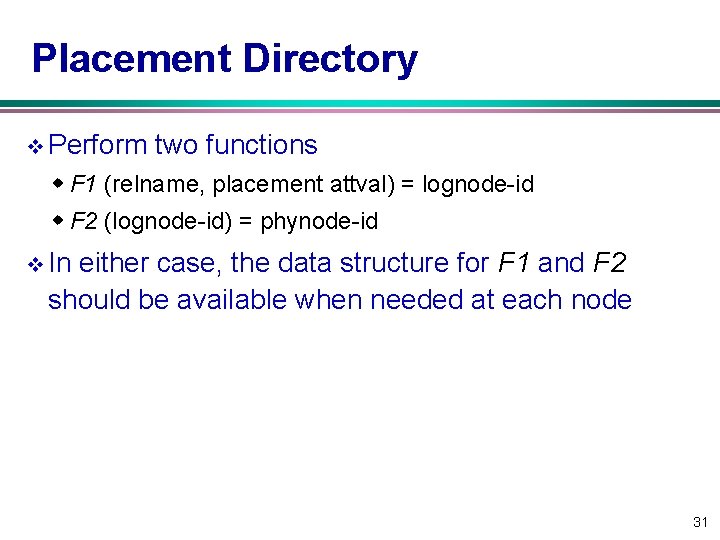 Placement Directory v Perform two functions w F 1 (relname, placement attval) = lognode-id