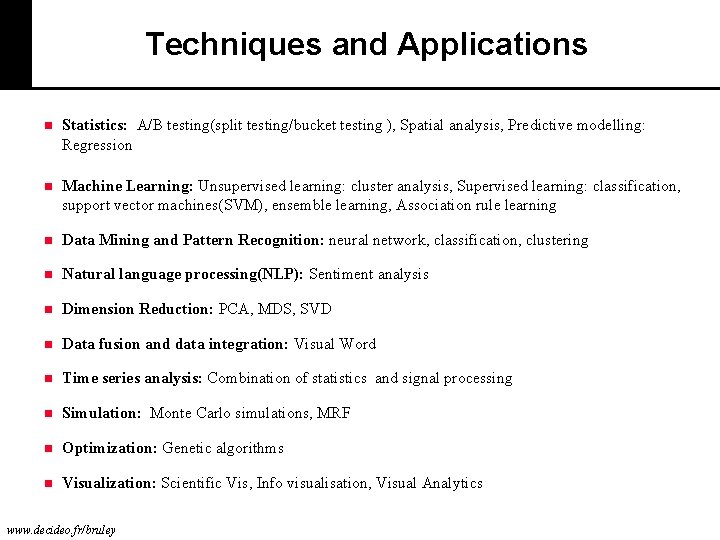 Techniques and Applications n Statistics: A/B testing(split testing/bucket testing ), Spatial analysis, Predictive modelling: