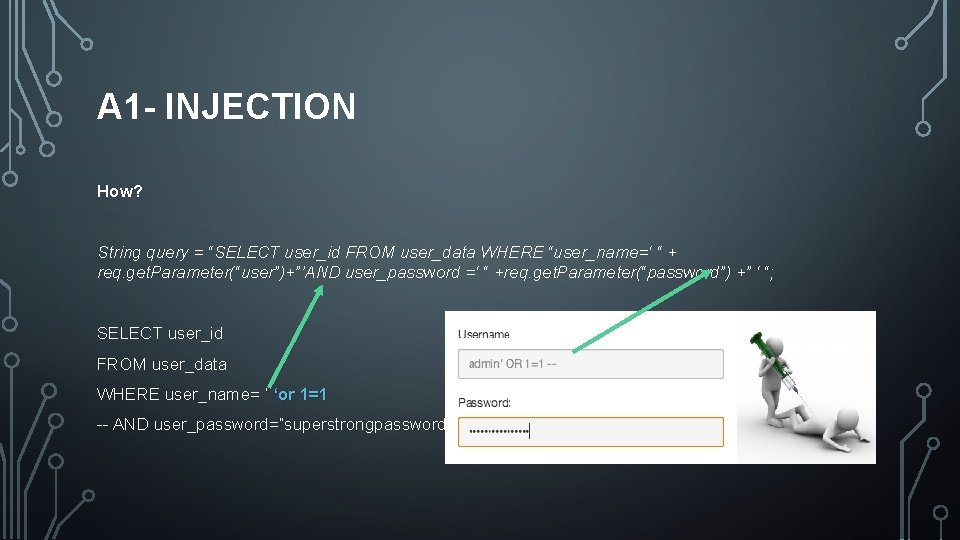 A 1 - INJECTION How? String query = “SELECT user_id FROM user_data WHERE “user_name=‘