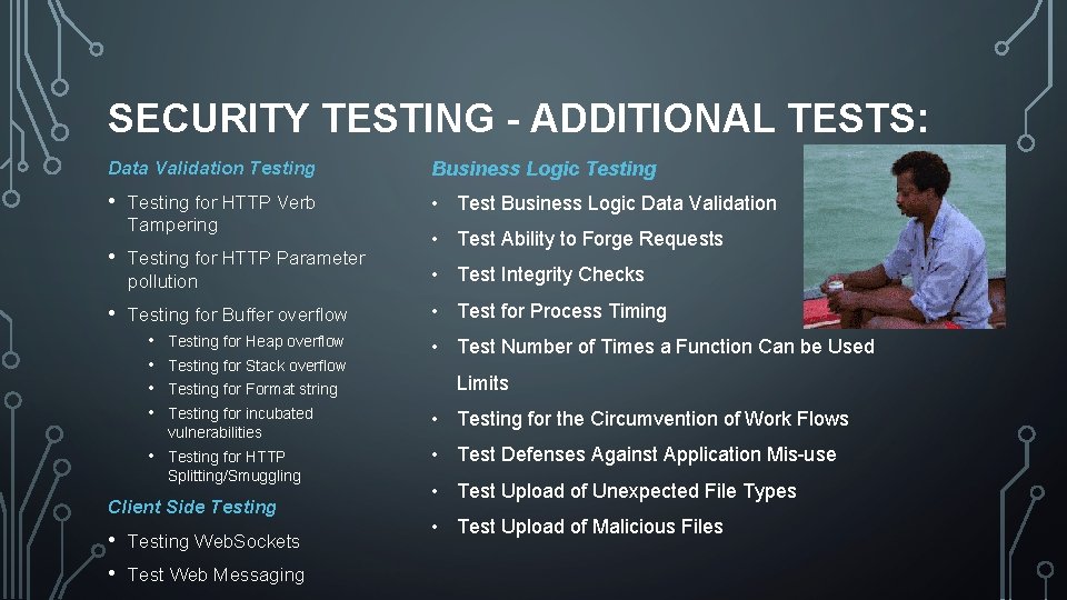 SECURITY TESTING - ADDITIONAL TESTS: Data Validation Testing Business Logic Testing • • Test