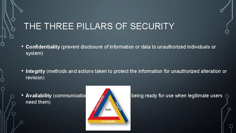 THE THREE PILLARS OF SECURITY • Confidentiality (prevent disclosure of information or data to