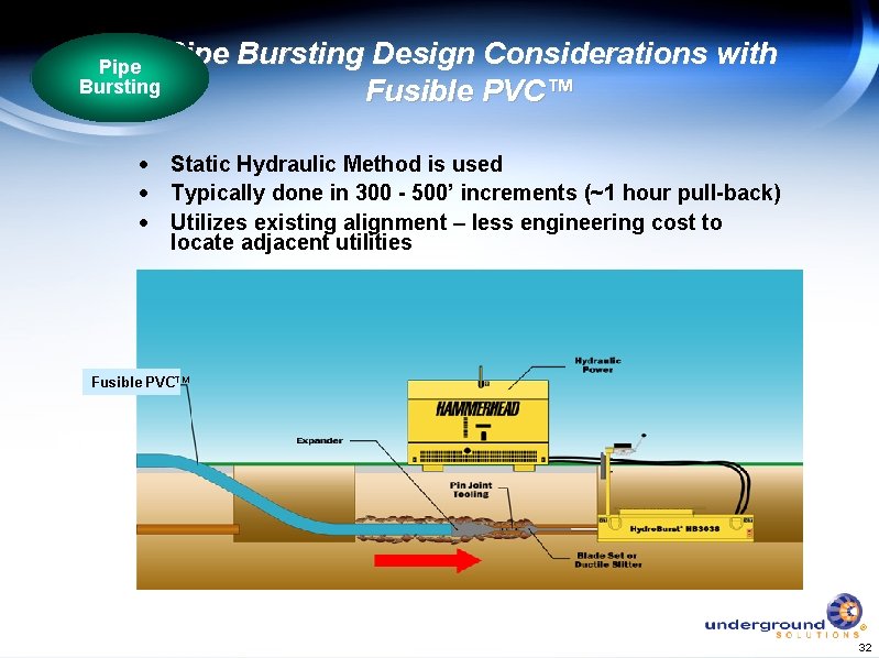 Pipe Bursting Design Considerations with Fusible PVC™ · Static Hydraulic Method is used ·