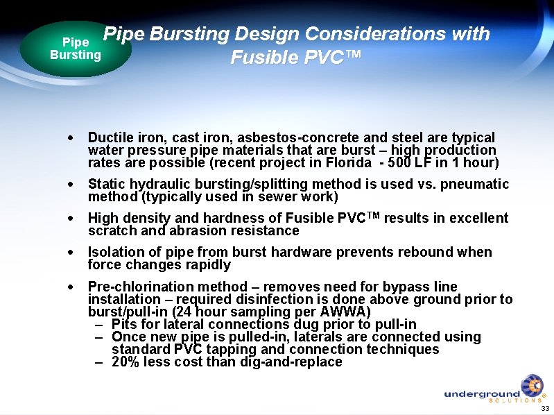 Pipe Bursting Design Considerations with Fusible PVC™ · Ductile iron, cast iron, asbestos-concrete and