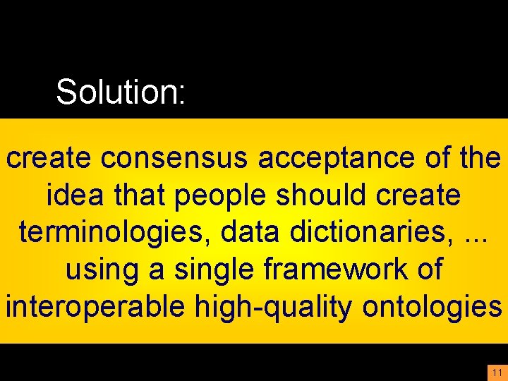 Solution: create consensus acceptance of the idea that people should create terminologies, data dictionaries,