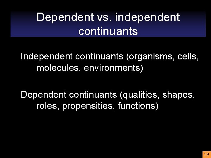 Dependent vs. independent continuants Independent continuants (organisms, cells, molecules, environments) Dependent continuants (qualities, shapes,