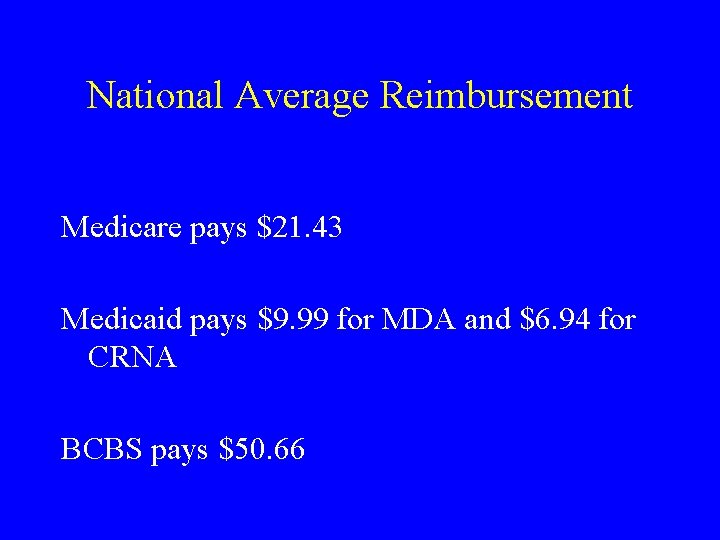 National Average Reimbursement Medicare pays $21. 43 Medicaid pays $9. 99 for MDA and