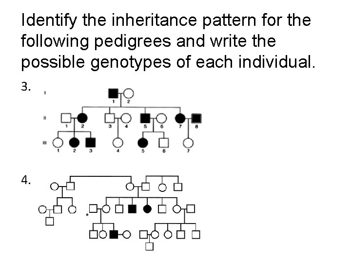 Identify the inheritance pattern for the following pedigrees and write the possible genotypes of