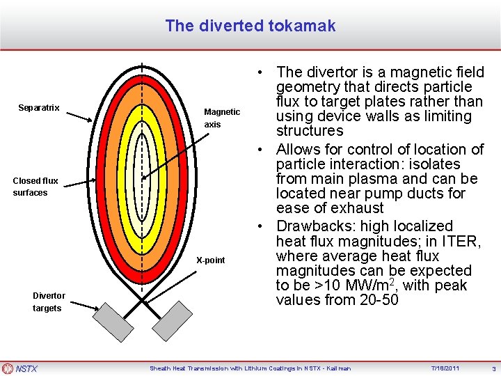 The diverted tokamak Separatrix Magnetic axis Closed flux surfaces X-point Divertor targets NSTX •