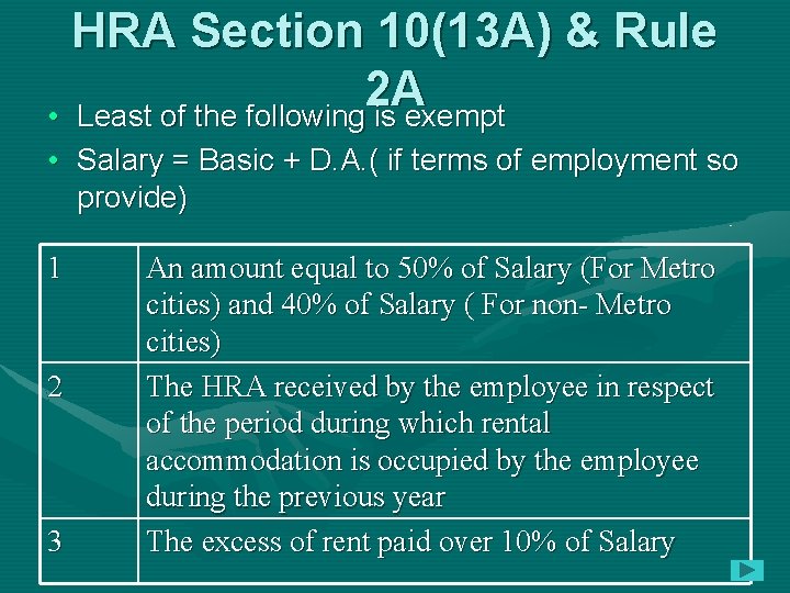 HRA Section 10(13 A) & Rule 2 A • Least of the following is