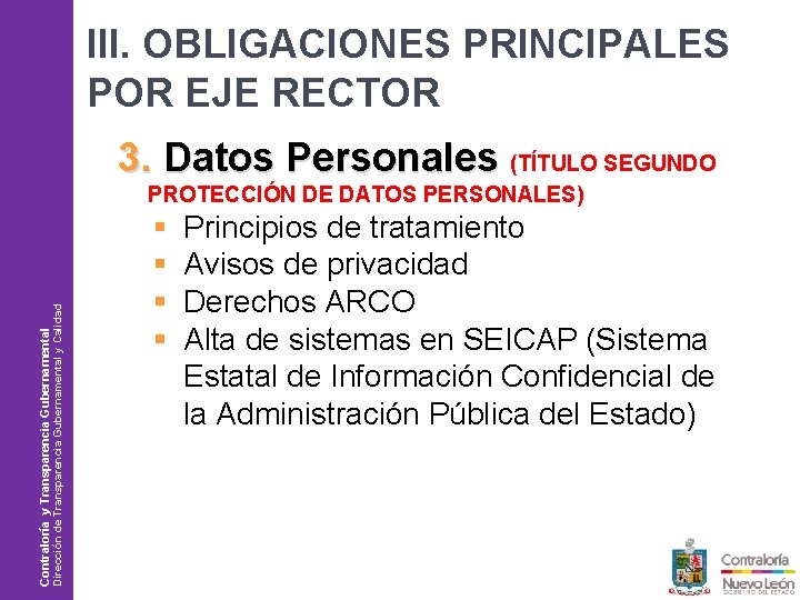 III. OBLIGACIONES PRINCIPALES POR EJE RECTOR 3. Datos Personales (TÍTULO SEGUNDO Philips / Plan