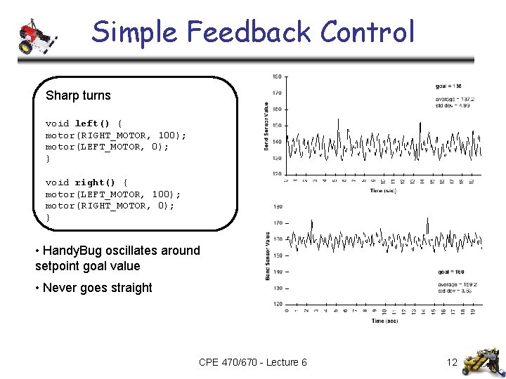 Simple Feedback Control Sharp turns void left() { motor(RIGHT_MOTOR, 100); motor(LEFT_MOTOR, 0); } void