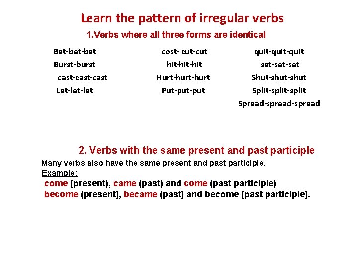 Learn the pattern of irregular verbs 1. Verbs where all three forms are identical