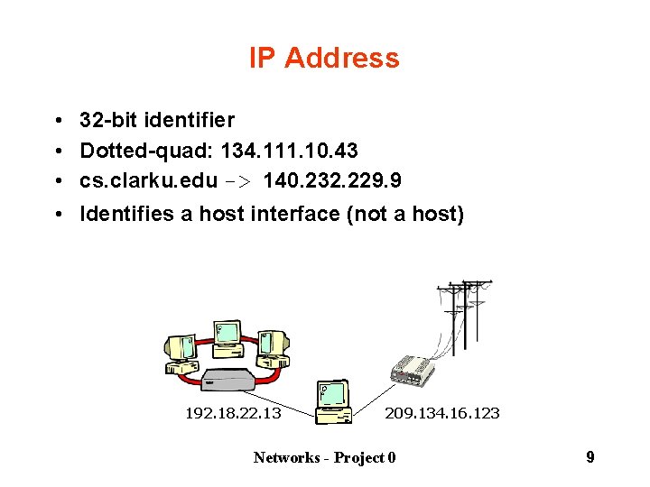IP Address • • 32 -bit identifier Dotted-quad: 134. 111. 10. 43 cs. clarku.