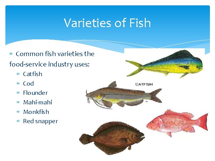 Varieties of Fish Common fish varieties the food-service industry uses: Catfish Cod Flounder Mahi-mahi