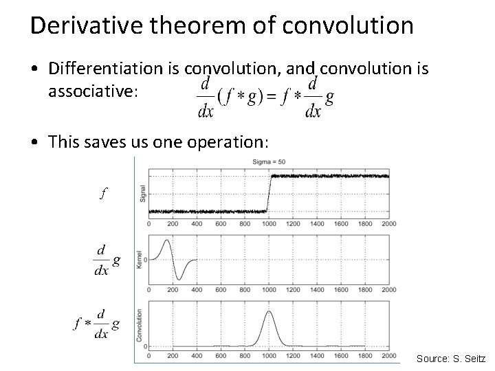 Derivative theorem of convolution • Differentiation is convolution, and convolution is associative: • This