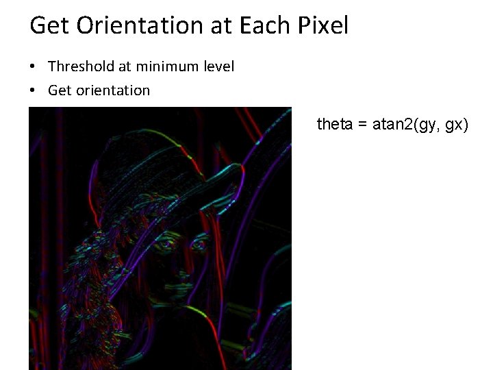 Get Orientation at Each Pixel • Threshold at minimum level • Get orientation theta