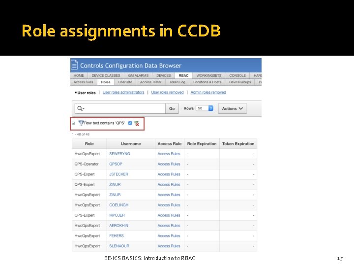 Role assignments in CCDB BE-ICS BASICS: Introduction to RBAC 15 