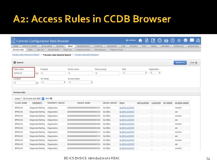 A 2: Access Rules in CCDB Browser BE-ICS BASICS: Introduction to RBAC 24 