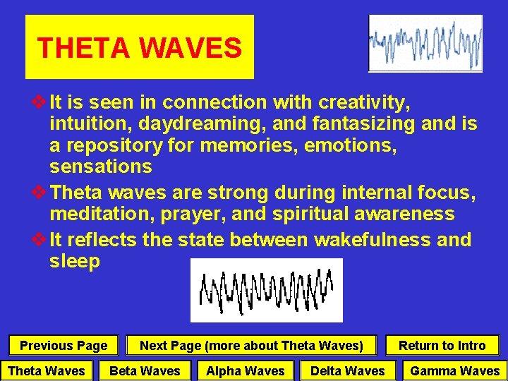 THETA WAVES v It is seen in connection with creativity, intuition, daydreaming, and fantasizing