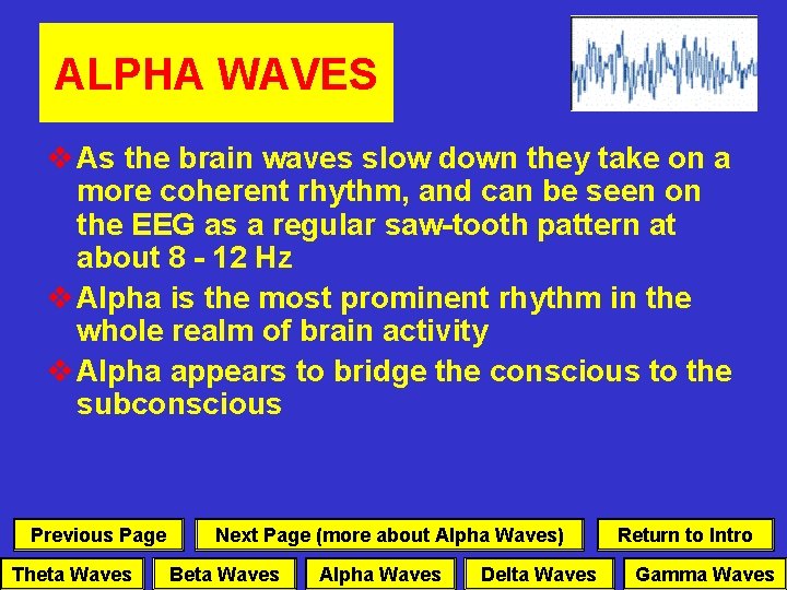 ALPHA WAVES v As the brain waves slow down they take on a more