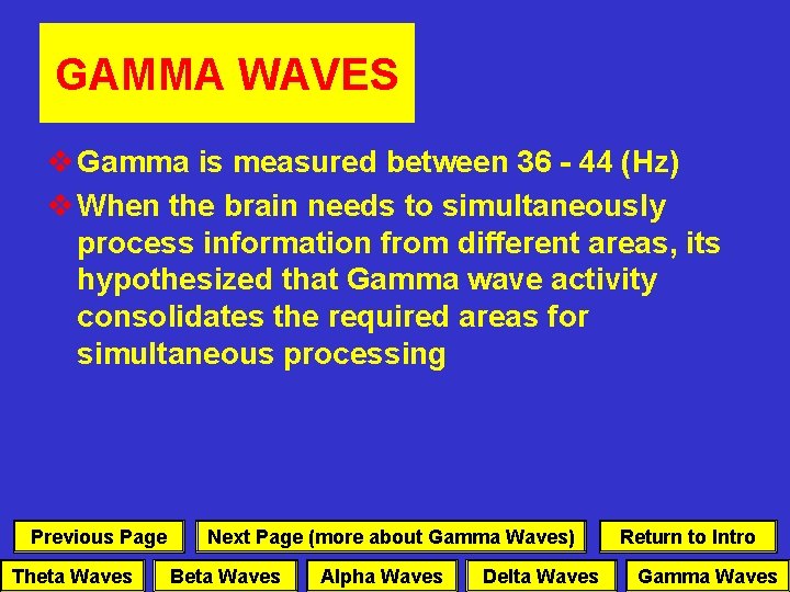 GAMMA WAVES v Gamma is measured between 36 44 (Hz) v When the brain
