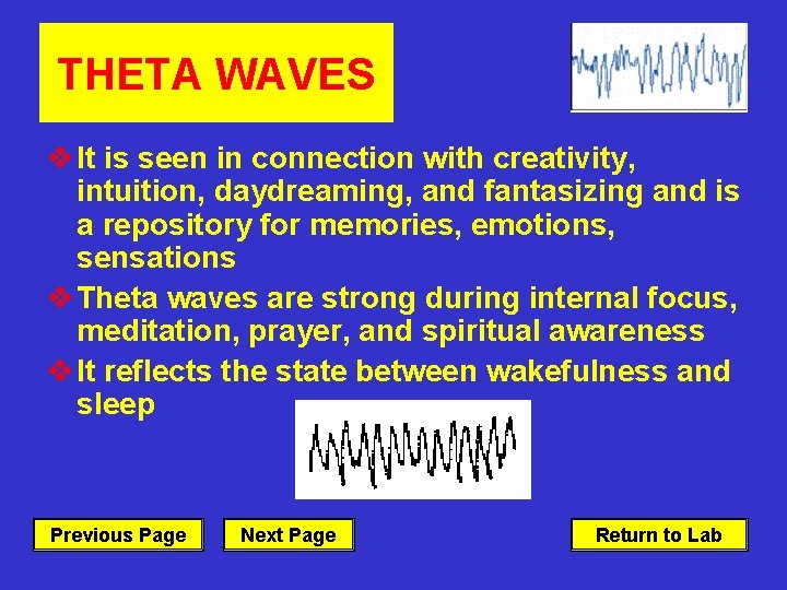 THETA WAVES v It is seen in connection with creativity, intuition, daydreaming, and fantasizing