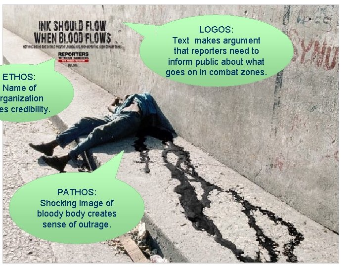 ETHOS: Name of rganization es credibility. PATHOS: Shocking image of bloody body creates sense