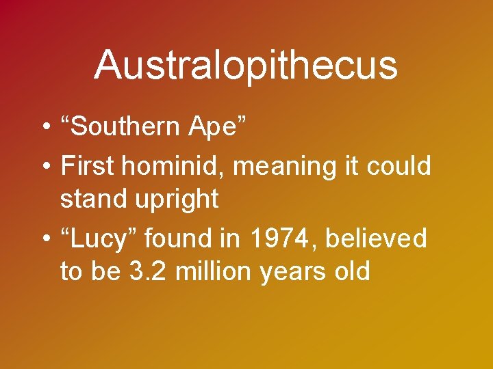 Australopithecus • “Southern Ape” • First hominid, meaning it could stand upright • “Lucy”