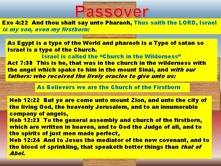 Passover Exo 4: 22 And thou shalt say unto Pharaoh, Thus saith the LORD,